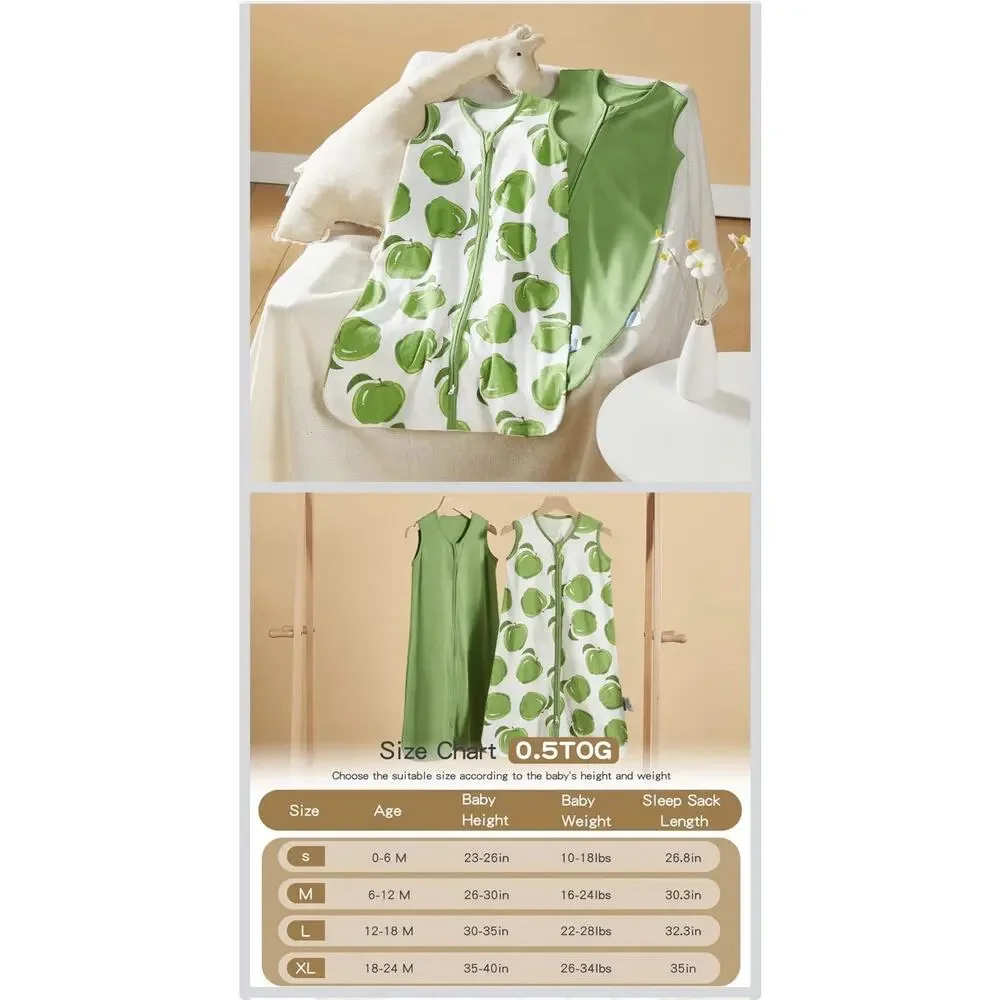 TILLYOU Baby Sleep Sacks 2 Pack 12-18 Months Cotton 0.5 TOG Green Apple NWT